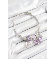 316L Çelik Mor Zirkon Taşlı Model Gümüş Renk Charm Bileklik - TJ-BB7250