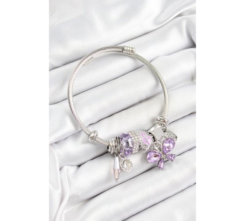 316L Çelik Mor Zirkon Taşlı Model Gümüş Renk Charm Bileklik - TJ-BB7250