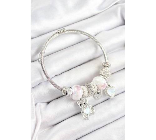 316L Çelik Beyaz Zirkon Taşlı Ayıcık Ve Kalp Model Gümüş Renk Charm Bileklik - TJ-BB7251