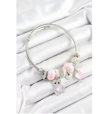 316L Çelik Pembe Zirkon Taşlı Ayıcık Ve Kalp Model Gümüş Renk Charm Bileklik - TJ-BB7252