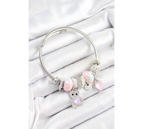 316L Çelik Pembe Zirkon Taşlı Ayıcık Ve Kalp Model Gümüş Renk Charm Bileklik - TJ-BB7252