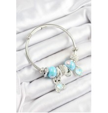 316L Çelik Mavi Zirkon Taşlı Ayıcık Ve Kalp Model Gümüş Renk Charm Bileklik - TJ-BB7253