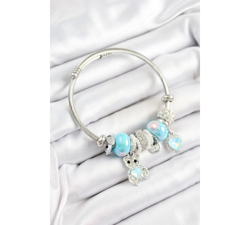 316L Çelik Mavi Zirkon Taşlı Ayıcık Ve Kalp Model Gümüş Renk Charm Bileklik - TJ-BB7253