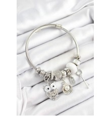 316L Çelik Beyaz Zirkon Taşlı Baykuş İstiridye Ve Anahtar Model Gümüş Renk Charm Bileklik - TJ-BB7254