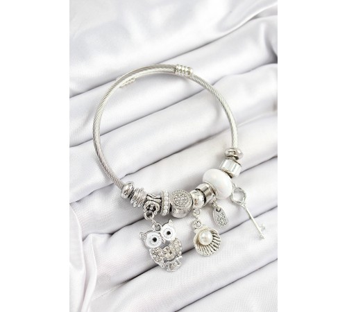 316L Çelik Beyaz Zirkon Taşlı Baykuş İstiridye Ve Anahtar Model Gümüş Renk Charm Bileklik - TJ-BB7254