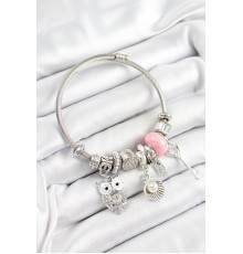 316L Çelik Pembe Zirkon Taşlı Baykuş İstiridye Ve Anahtar Model Gümüş Renk Charm Bileklik - TJ-BB7255
