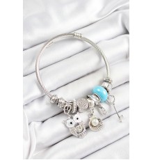 316L Çelik Mavi Zirkon Taşlı Baykuş İstiridye Ve Anahtar Model Gümüş Renk Charm Bileklik - TJ-BB7256