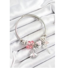 316L Çelik Pembe Zirkon Taşlı Baykuş Arı Ve Anahtar Model Gümüş Renk Charm Bileklik - TJ-BB7258