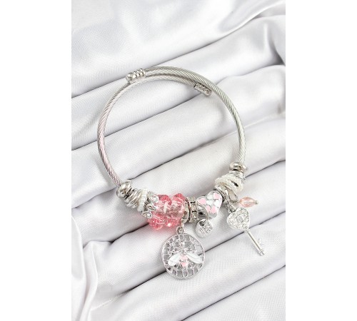 316L Çelik Pembe Zirkon Taşlı Baykuş Arı Ve Anahtar Model Gümüş Renk Charm Bileklik - TJ-BB7258