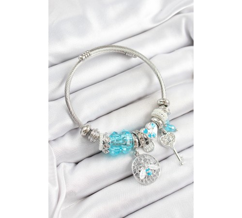 316L Çelik Mavi Zirkon Taşlı Baykuş Arı Ve Anahtar Model Gümüş Renk Charm Bileklik - TJ-BB7259