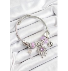 316L Çelik Mor Zirkon Taşlı Göz Kilit Ve Anahtar Model Gümüş Renk Charm Bileklik - TJ-BB7260