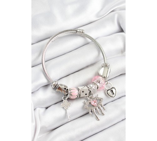 316L Çelik Pembe Zirkon Taşlı Göz Kilit Ve Anahtar Model Gümüş Renk Charm Bileklik - TJ-BB7261