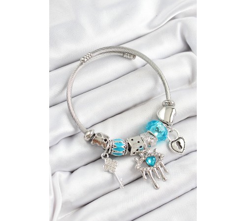 316L Çelik Mavi Zirkon Taşlı Göz Kilit Ve Anahtar Model Gümüş Renk Charm Bileklik - TJ-BB7262