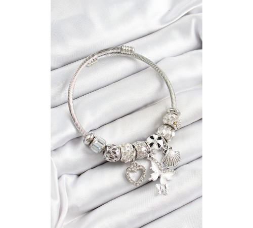 316L Çelik Beyaz Zirkon Taşlı Kalp Ve İstiridye Model Gümüş Renk Charm Bileklik - TJ-BB7263