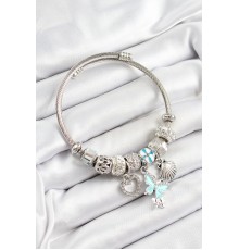 316L Çelik Mavi Zirkon Taşlı Kalp Ve İstiridye Model Gümüş Renk Charm Bileklik - TJ-BB7265