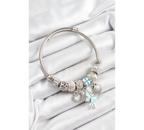 316L Çelik Mavi Zirkon Taşlı Kalp Ve İstiridye Model Gümüş Renk Charm Bileklik - TJ-BB7265