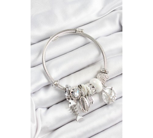 316L Çelik Beyaz Zirkon Taşlı Balık Deniz Kabuğu Ve Deniz Yıldızı Model Gümüş Renk Charm Bileklik - TJ-BB7266