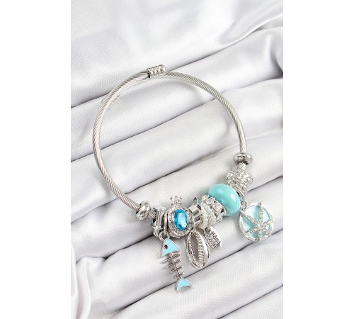 316L Çelik Mavi Zirkon Taşlı Balık Deniz Kabuğu Ve Deniz Yıldızı Model Gümüş Renk Charm Bileklik - TJ-BB7268