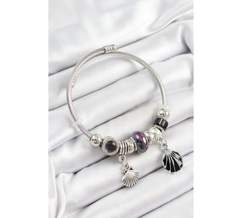 316L Çelik Siyah İstiridye Model Gümüş Renk Charm Bileklik - TJ-BB7269