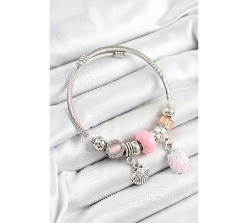 316L Çelik Pembe İstiridye Model Gümüş Renk Charm Bileklik - TJ-BB7270