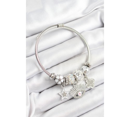 316L Çelik Beyaz Zirkon Taşlı Yıldız Göz Ve Yonca Model Gümüş Renk Charm Bileklik - TJ-BB7272