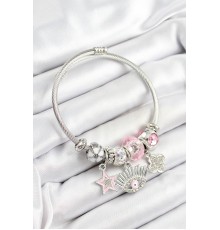 316L Çelik Pembe Zirkon Taşlı Yıldız Göz Ve Yonca Model Gümüş Renk Charm Bileklik - TJ-BB7273