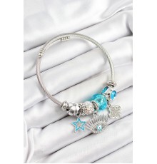 316L Çelik Mavi Zirkon Taşlı Yıldız Göz Ve Yonca Model Gümüş Renk Charm Bileklik - TJ-BB7274