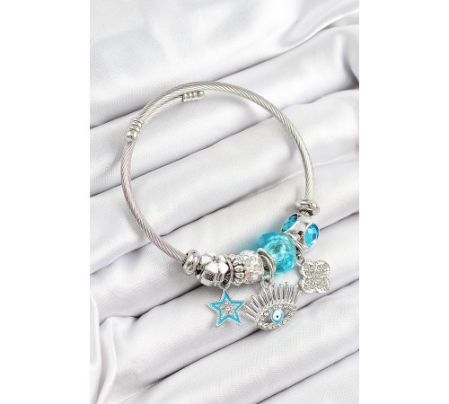 316L Çelik Mavi Zirkon Taşlı Yıldız Göz Ve Yonca Model Gümüş Renk Charm Bileklik - TJ-BB7274