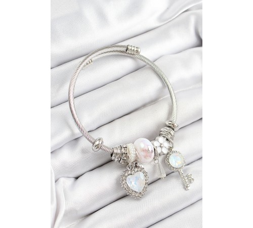 316L Çelik Beyaz Zirkon Taşlı Yıldız Anahtar Ve Kalp Model Gümüş Renk Charm Bileklik - TJ-BB7275