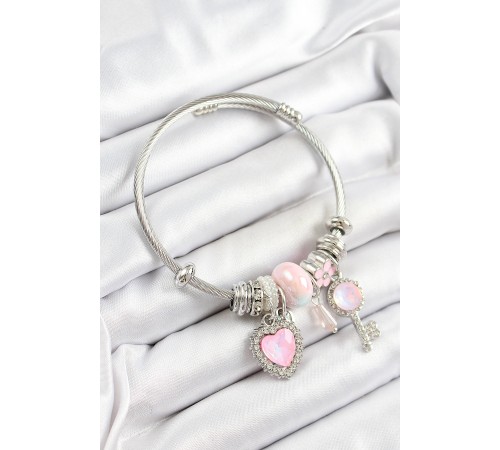 316L Çelik Pembe Zirkon Taşlı Yıldız Anahtar Ve Kalp Model Gümüş Renk Charm Bileklik - TJ-BB7276
