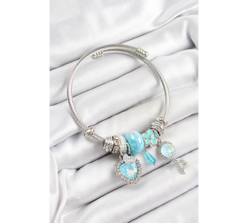 316L Çelik Mavi Zirkon Taşlı Yıldız Anahtar Ve Kalp Model Gümüş Renk Charm Bileklik - TJ-BB7277