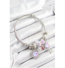 316L Çelik Pembe Zirkon Taşlı Yıldız Anahtar Ve Kalp Model Gümüş Renk Charm Bileklik - TJ-BB7278
