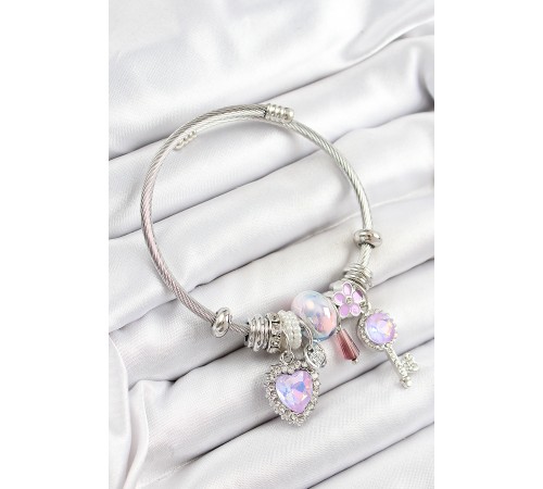 316L Çelik Pembe Zirkon Taşlı Yıldız Anahtar Ve Kalp Model Gümüş Renk Charm Bileklik - TJ-BB7278