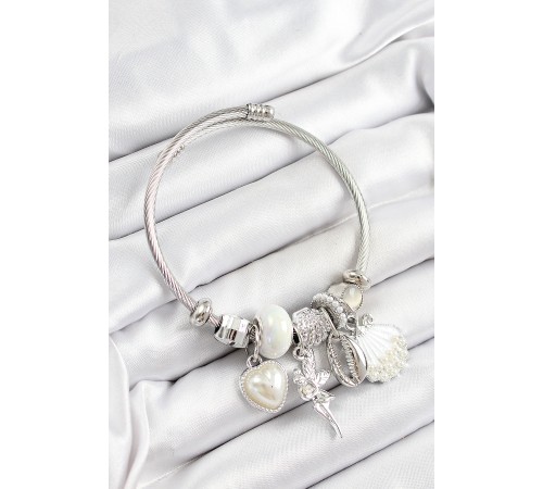 316L Çelik Beyaz Zirkon Taşlı Yıldız Melek İstiridye Ve Kalp Model Gümüş Renk Charm Bileklik - TJ-BB7279