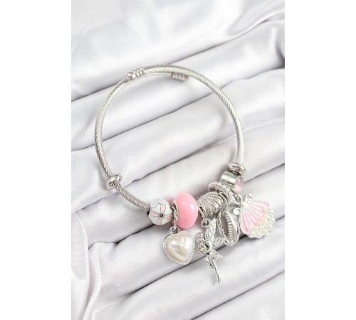 316L Çelik Pembe Zirkon Taşlı Yıldız Melek İstiridye Ve Kalp Model Gümüş Renk Charm Bileklik - TJ-BB7280