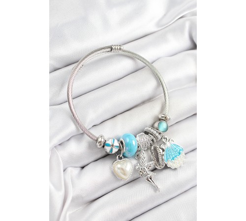 316L Çelik Mavi Zirkon Taşlı Yıldız Melek İstiridye Ve Kalp Model Gümüş Renk Charm Bileklik - TJ-BB7281