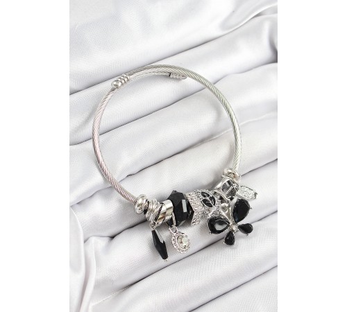 316L Çelik Siyah Zirkon Taşlı Yıldız Model Gümüş Renk Charm Bileklik - TJ-BB7282