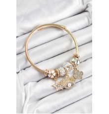 316L Çelik Beyaz Zirkon Taşlı Yıldız Göz Ve Yonca Model Gold Renk Charm Bileklik - TJ-BB7283