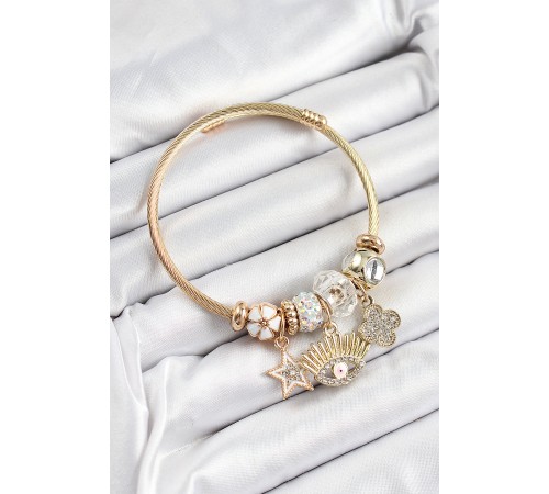 316L Çelik Beyaz Zirkon Taşlı Yıldız Göz Ve Yonca Model Gold Renk Charm Bileklik - TJ-BB7283