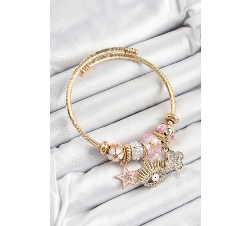 316L Çelik Pembe Zirkon Taşlı Yıldız Göz Ve Yonca Model Gold Renk Charm Bileklik - TJ-BB7284