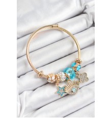 316L Çelik Mavi Zirkon Taşlı Yıldız Göz Ve Yonca Model Gold Renk Charm Bileklik - TJ-BB7285