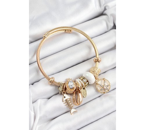 316L Çelik Beyaz Zirkon Taşlı Balık Deniz Kabuğu Ve Deniz Yıldızı Model Gold Renk Charm Bileklik - TJ-BB7286