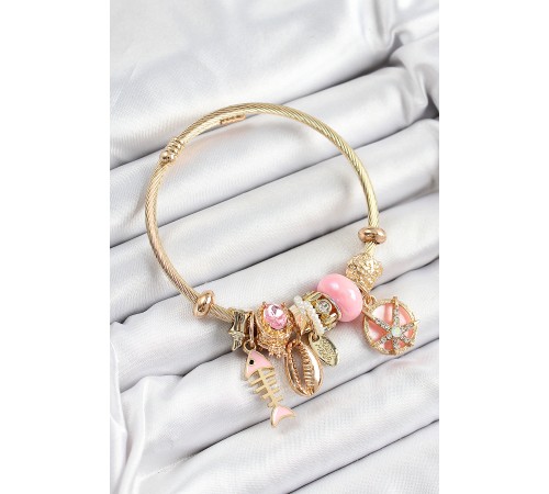 316L Çelik Pembe Zirkon Taşlı Balık Deniz Kabuğu Ve Deniz Yıldızı Model Gold Renk Charm Bileklik - TJ-BB7287