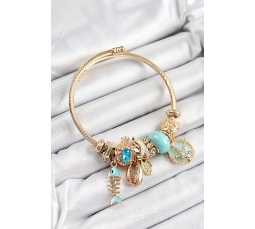 316L Çelik Mavi Zirkon Taşlı Balık Deniz Kabuğu Ve Deniz Yıldızı Model Gold Renk Charm Bileklik - TJ-BB7288