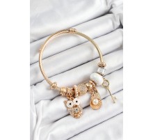 316L Çelik Beyaz Zirkon Taşlı Baykuş İstiridye Ve Anahtar Model Gold Renk Charm Bileklik - TJ-BB7289