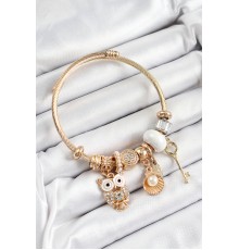 316L Çelik Beyaz Zirkon Taşlı Baykuş İstiridye Ve Anahtar Model Gold Renk Charm Bileklik - TJ-BB7289