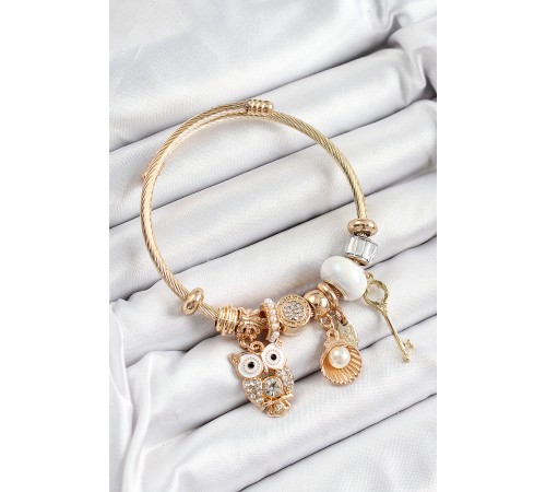 316L Çelik Beyaz Zirkon Taşlı Baykuş İstiridye Ve Anahtar Model Gold Renk Charm Bileklik - TJ-BB7289
