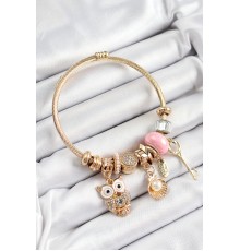 316L Çelik Pembe Zirkon Taşlı Baykuş İstiridye Ve Anahtar Model Gold Renk Charm Bileklik - TJ-BB7290