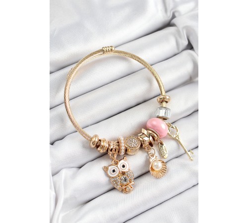 316L Çelik Pembe Zirkon Taşlı Baykuş İstiridye Ve Anahtar Model Gold Renk Charm Bileklik - TJ-BB7290