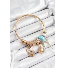 316L Çelik Mavi Zirkon Taşlı Baykuş İstiridye Ve Anahtar Model Gold Renk Charm Bileklik - TJ-BB7291